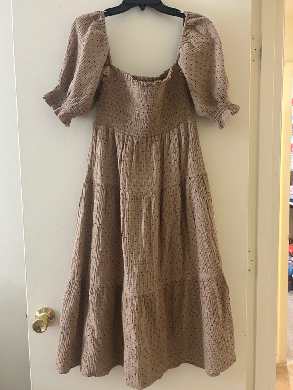OPT 100% Cotton Smocked Puff Sleeve Midi Dress polka dot print